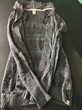 Roxy Open-Knit Hooded Cardigan Sweater - Gray Size xs